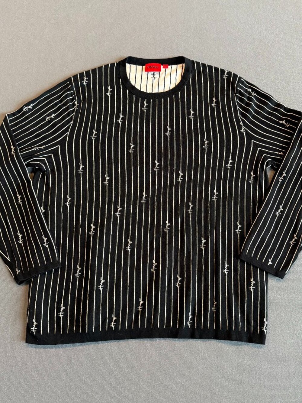 HUGO Hugo Boss Sweater Men’s XXL Black White Pinstripe Logo Silk Blend Knit